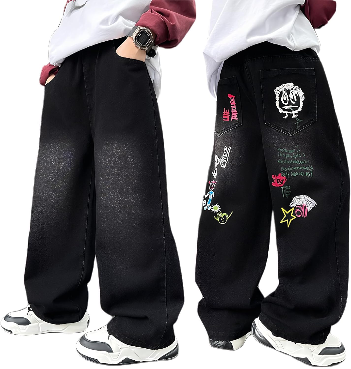 JiAmy Y2k Cargobroek voor jongens, elastische tailleband, baggy, zacht katoen, denim broek voor kinderen, brede pijpen met zakken, 120-160, Donkerblauw met meer zakken, 140