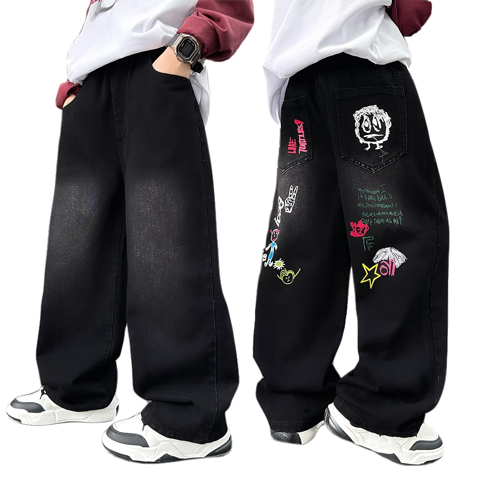 JiAmy Baggy Jeans Jungen Weites Bein Gummibund Denim Jeanshosen Gr.120-170 | Baumwolle Lässige kinder Jeans Jungen Elastischer Freizeithose für 5-14 Jahren