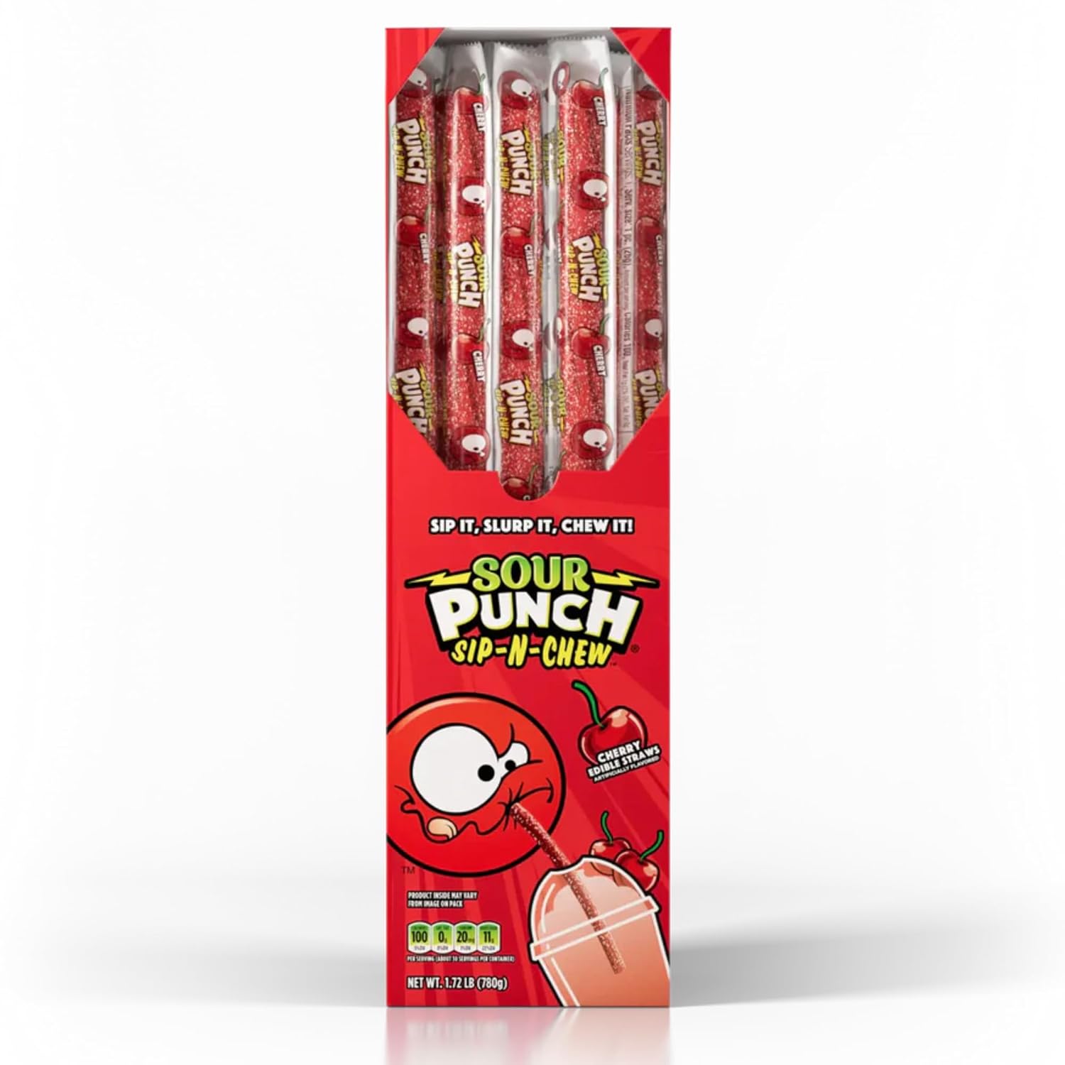 Sour Punch Sip-N-Chew Candy Straws, Cherry Flavor, 30 Count (0.9 oz Each) Edible Drinking Straws, Individually Wrapped, Sweet & Sour Chewy Candy, Party & Snack Pack