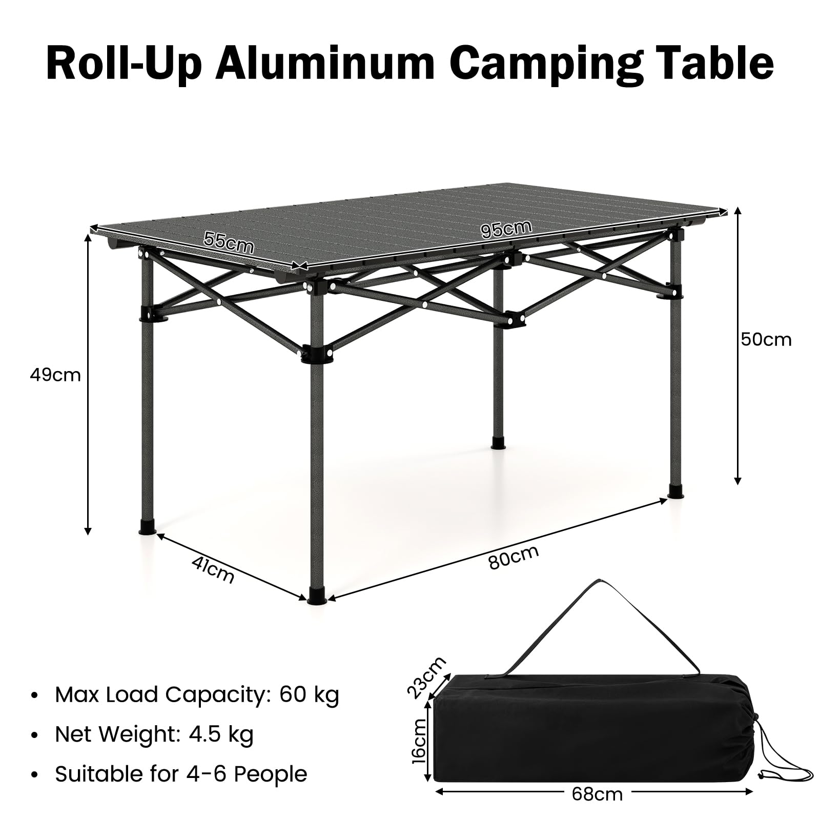 KOMFOTTEU Table Camping Pliante, Aluminium, 4-6 Personnes, 95 x 55 x 50 cm