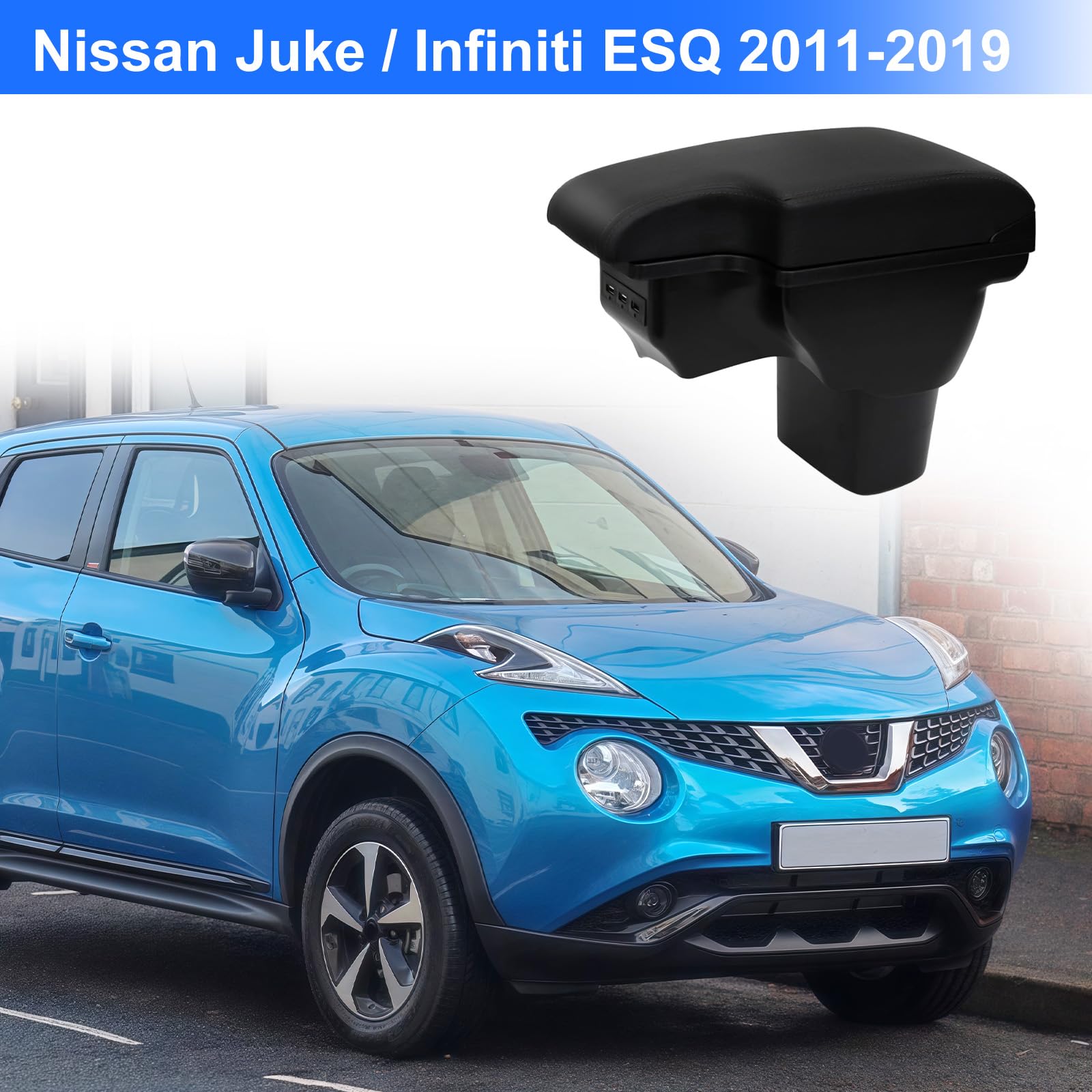 Apoyabrazos Compatible con Nissan Juke/Infiniti ESQ 2011-2019 Apoya Brazos Coche Consola Reposabrazos Central Tapizado Caja de Almacenamiento Cuero con 3 Puertos USB - Línea Negra