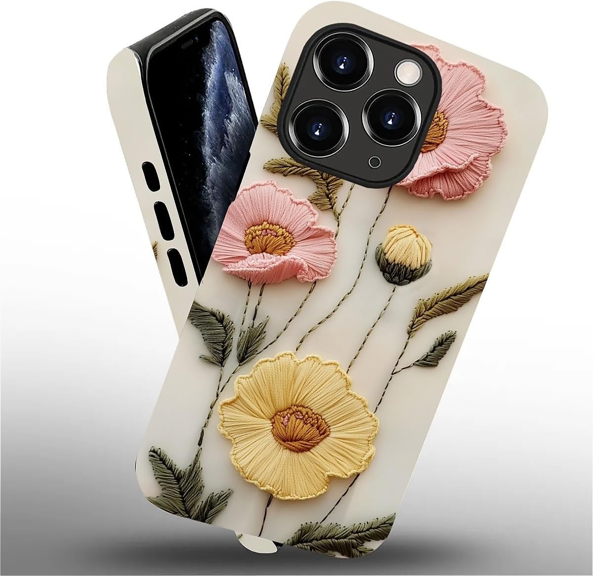 Case for iPhone 11 Pro Max Case,Faux Embroidery Boho Floral Design - Hybrid Dual Protection Silicone + Hard PC Shockproof Full Body Cover Slim Anti-Scratch Protective Case for Men Women image 2