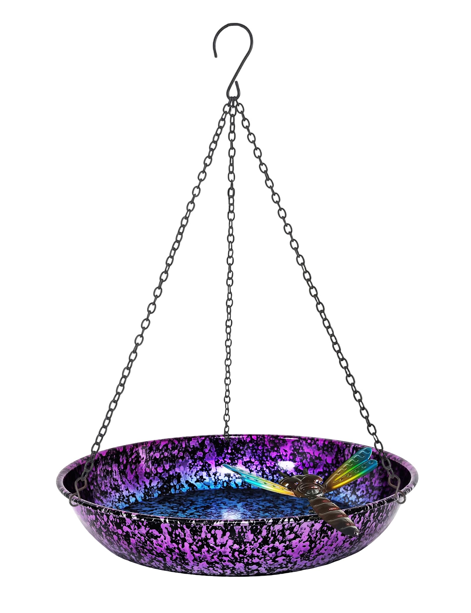 Hanging Bird Bath for Outdoor 11 Inch Colorful Purple&Blue Metal Bird Feeder Birdbath Bowl Mounted Rust-Proof Black Chain Metal Dragonfly Yard Art Garden Decor-image-9