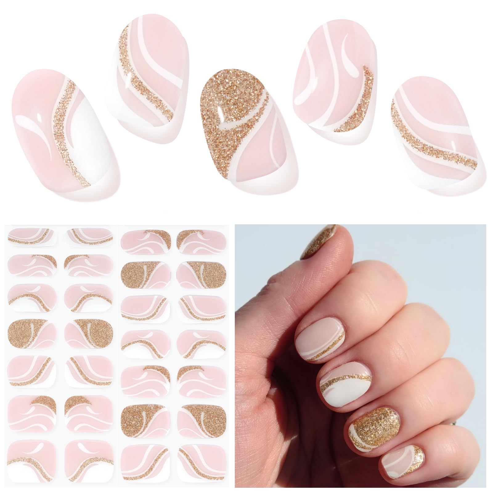 DUKASOU Semi Cured Gel Nail Strips, Gold Pink | 28 pcs Gel Nail Strips Work with Any UV Lamp, Salon Quality UV Nails Stickers, Easy to Apply for Home
