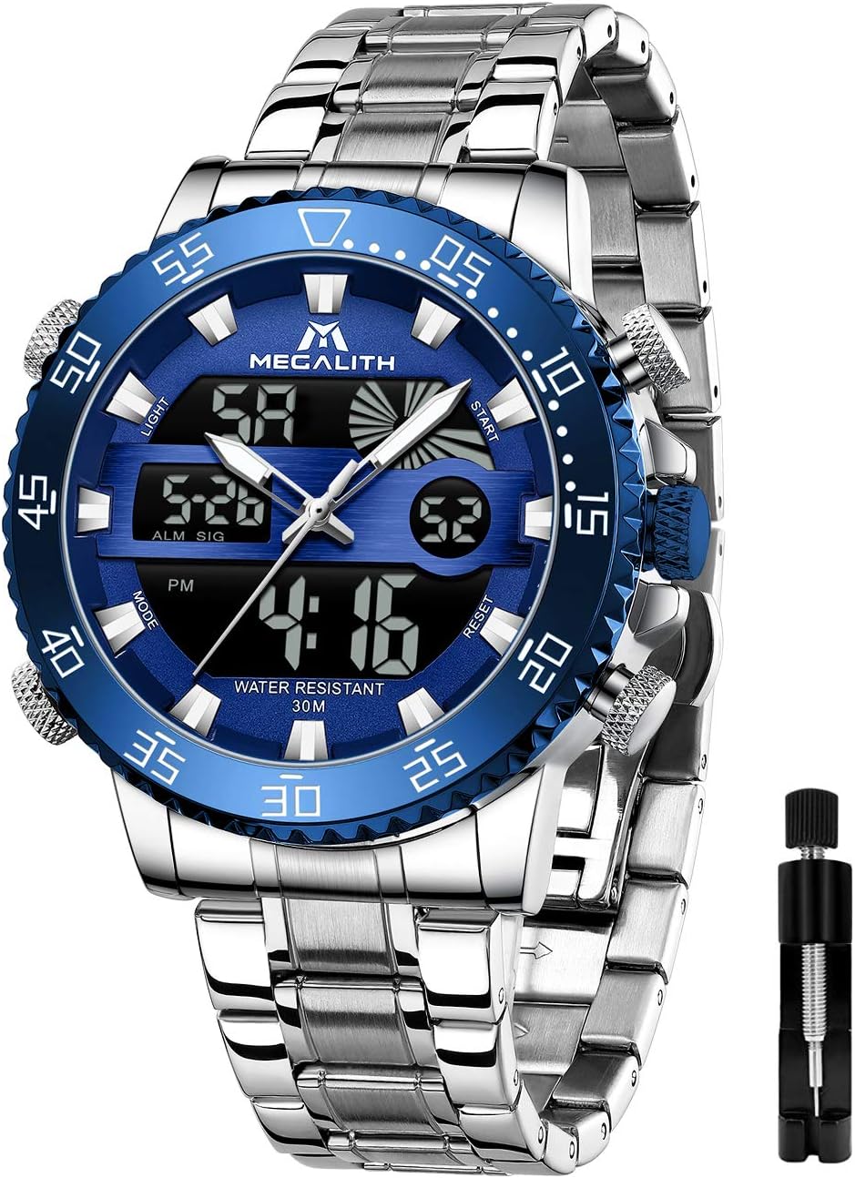 MEGALITH Watches for Men Digital Waterproof Silver Stainless Steel