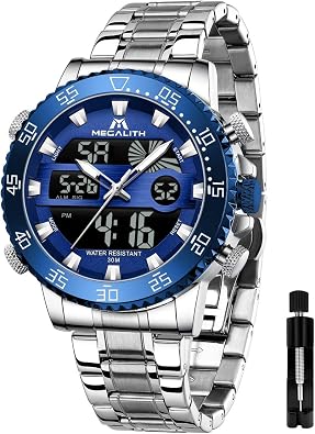 MEGALITH Mens Watch Digital Waterproof Stainless Steel Big Face LED Analog Multifunctional Outdoor Sports Watch, Men's Wrist Watches with Dual Time Backlight Display Alarm Stopwatch