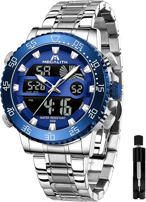 MEGALITH Mens Watch Digital Waterproof Stainless Steel Big Face LED Analog Multifunctional Outdoor Sports Watch, Men's Wrist Watches with Dual Time Backlight Display Alarm Stopwatch