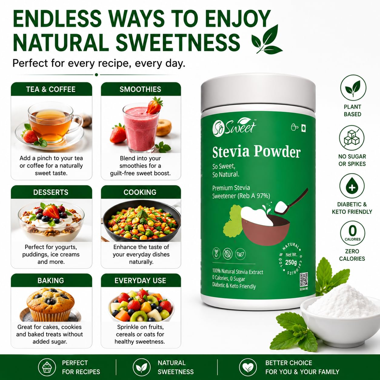 So Sweet Stevia Powder 100% Natural Sweetener - Sugar Free (Pack of 2) 1kg & 250gm 2