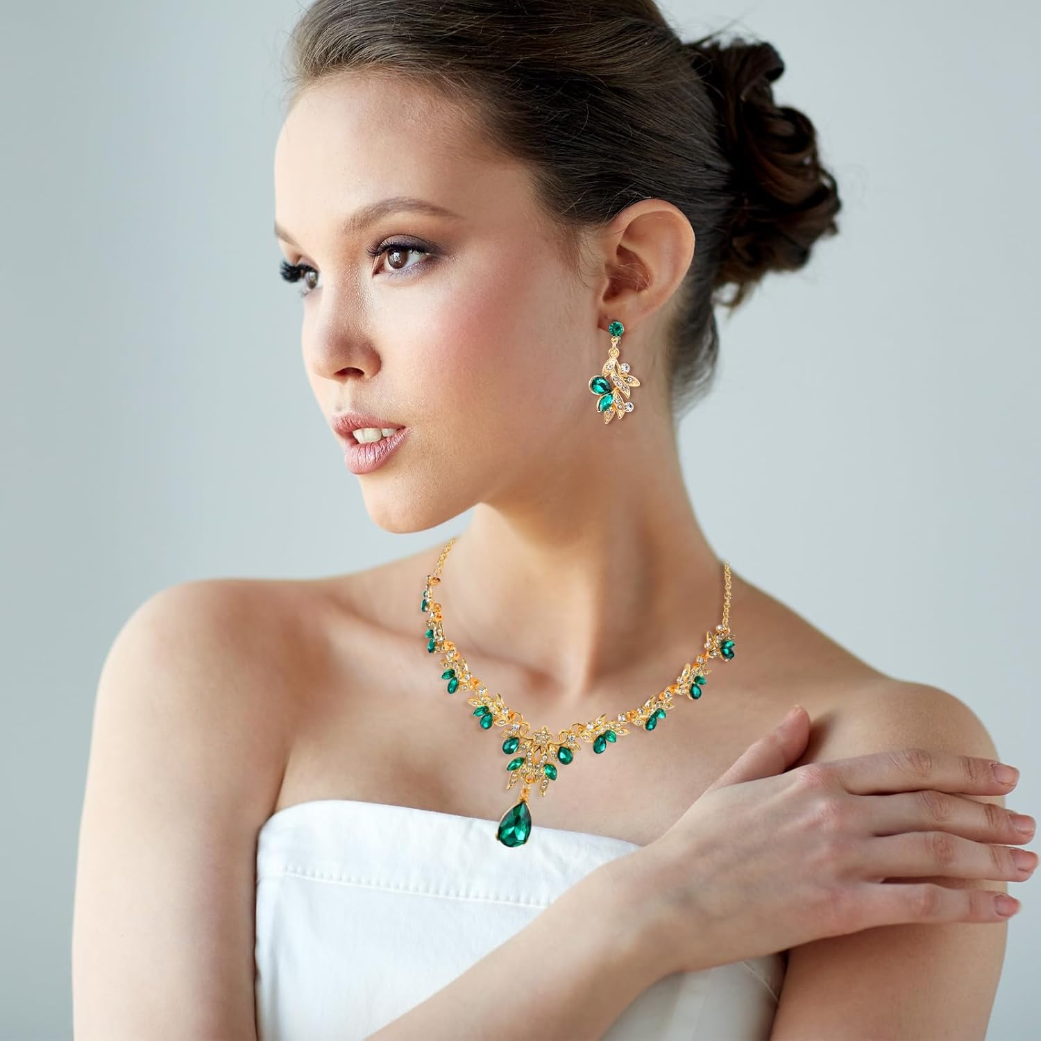 Wedding Jewelry Sets for Women Rhinestones Green Jewelry Sets for Women Luxurious Bridesmaids Bridal Necklaces Earrings, Elegant Accessories for Ball and Dinner Dresses - Image 6