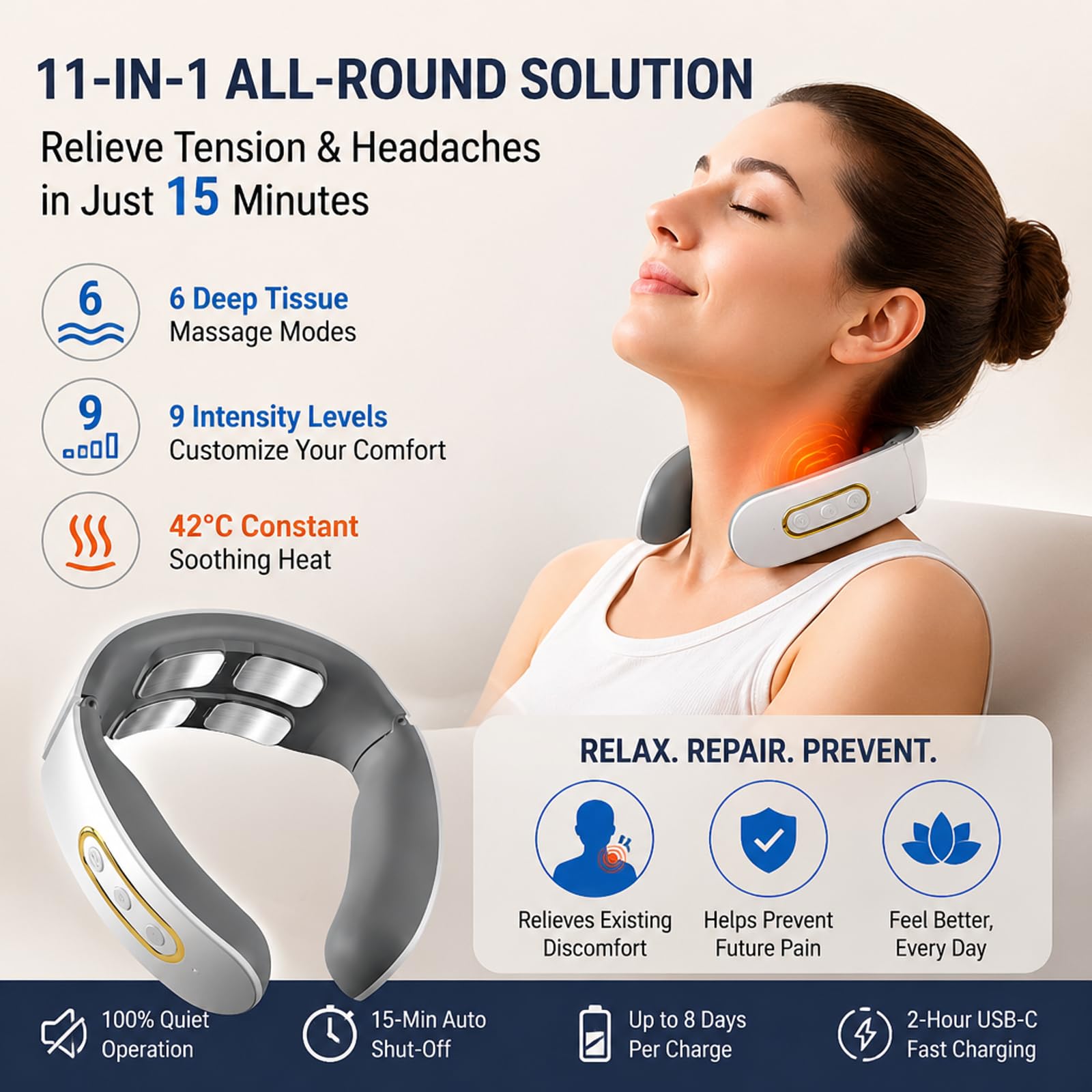Neuroneck Pro Masajeador Cervical 11 En 1 Con Calor 42°c, 6 Modos De Masaje Y 9 Niveles De Intensidad, Diseño Ergonómico Portátil Con Batería Recargable (Red)