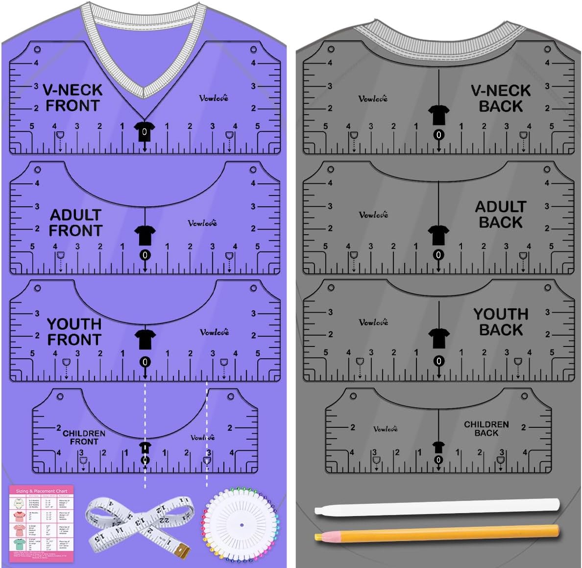 Vowlove Tshirt Ruler Guide Vinyl Alignment - T Shirt Measure Ruler Guide Shirt Measurement Centering Tool Heat Press Screen Printing Embroidery Accessories Sublimation Blanks Product V-Neck Front Back