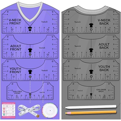 Vowlove Tshirt Ruler Guide Vinyl Alignment - T Shirt Measure Ruler Guide Shirt Measurement Centering Tool Heat Press Screen Printing Embroidery Accessories Sublimation Blanks Product V-Neck Front Back