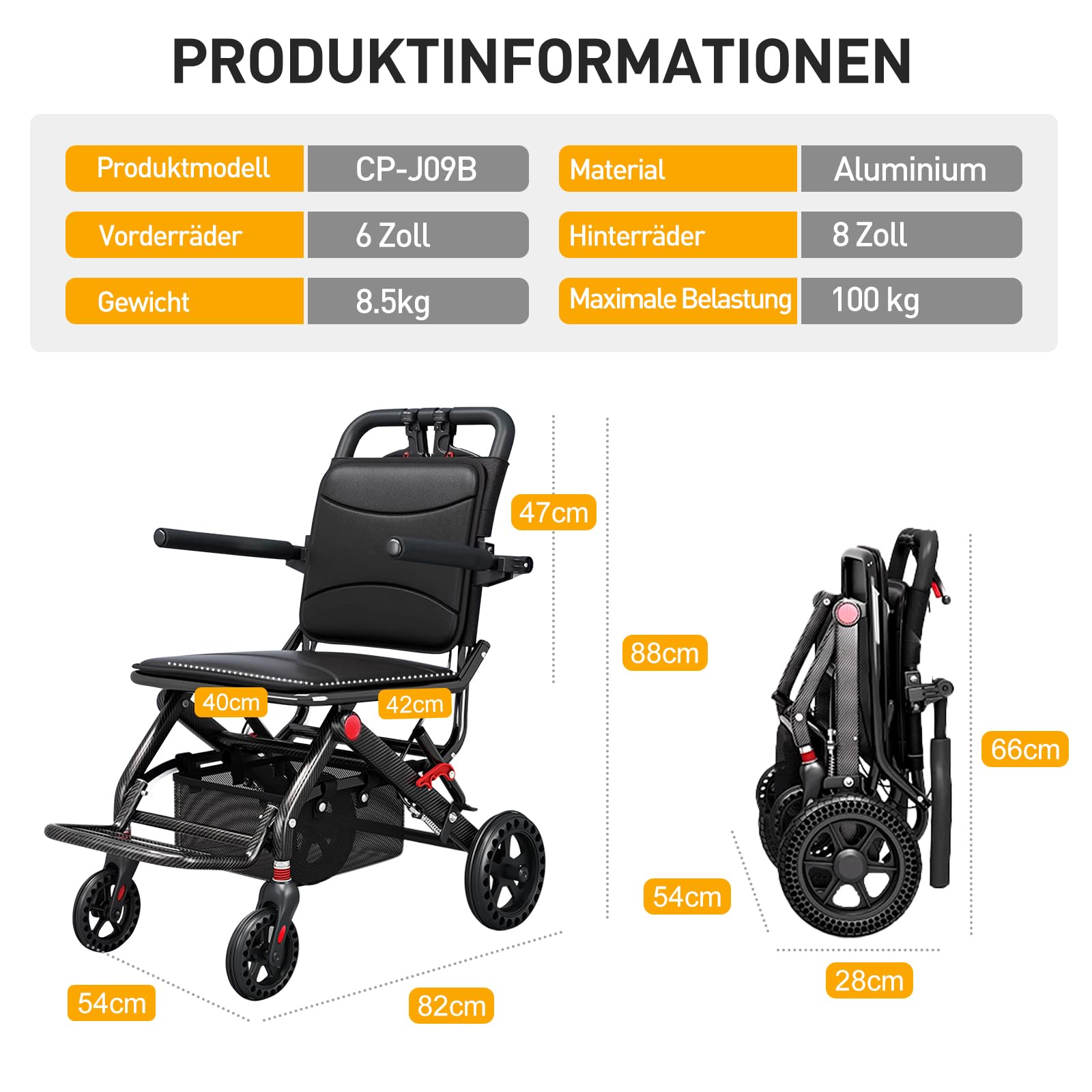 Care Parents Rollstuhl, faltbar, leicht, 8,5 kg,Sitzbreite:40cm,großem Einkaufskorb und unzerstörbaren Reifen, Transportrollstühle für Behinderte and ältere, bis100 kg(CP-J09B)