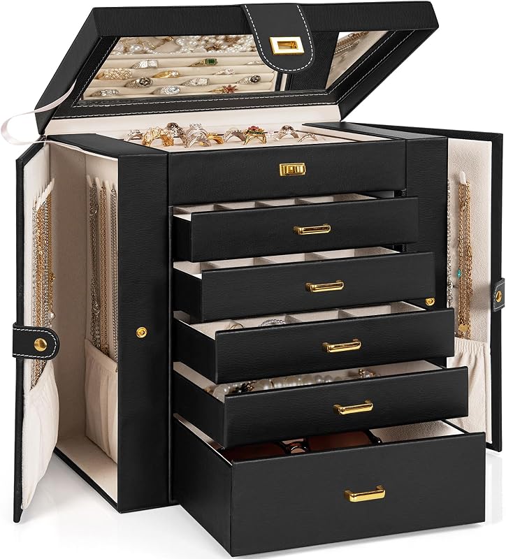 6-Tier Jewelry Box Organizer Functional 5 Drawers Leather Jewelry Storage Case for Women Girls Ring Necklace Earring Bracelet Holder Organizer with Mirror Extra Large Black