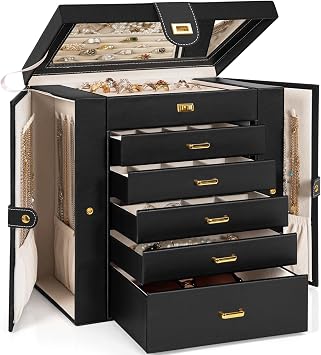 AKOZLIN 6-Tier Jewelry Box Organizer Functional 5 Drawers Leather Jewelry Storage Case for Women Girls Ring Necklace Earring Bracelet Holder Organizer with Mirror Extra Large Black
