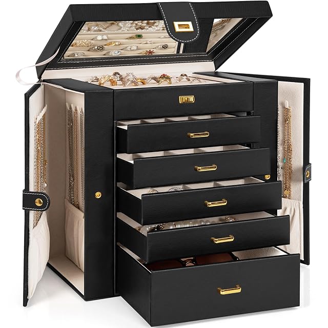 AKOZLIN Huge Jewelry Box Organizer Functional Lockable Large Leather Jewelry Storage Case for Women Girls Ring Necklace Earring