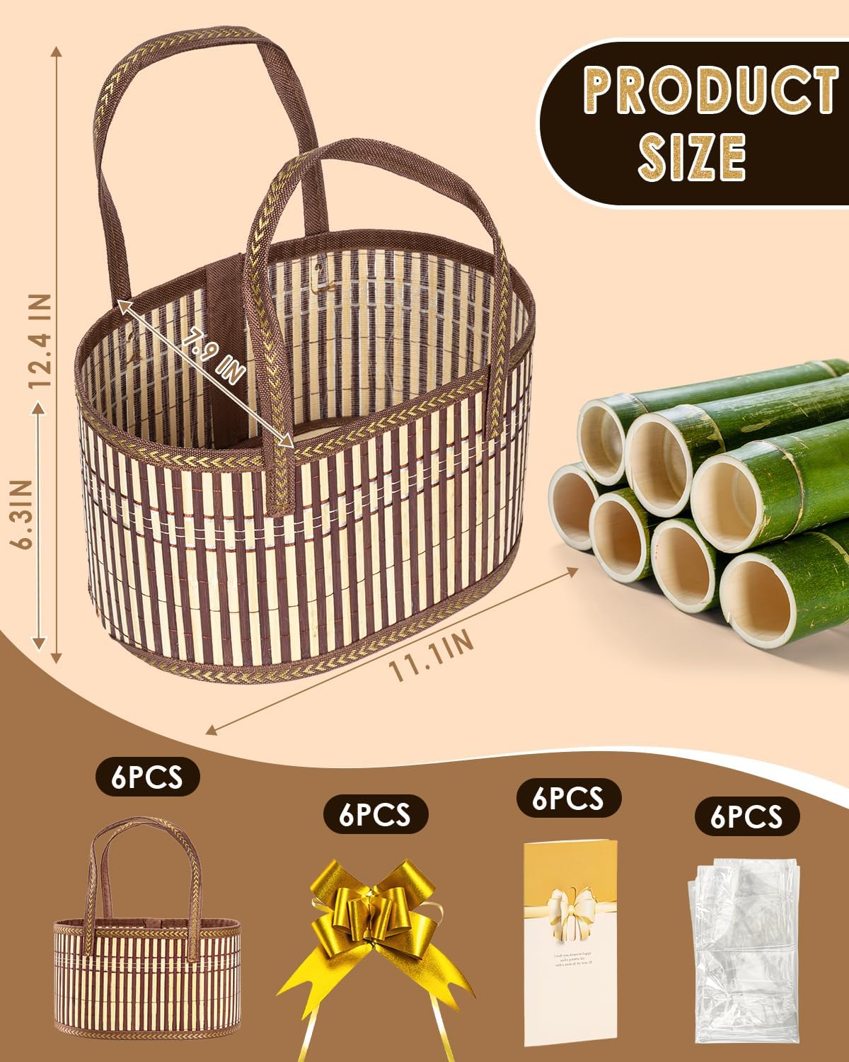 6 Set Baskets for Gifts Empty, Large Woven Bamboo Basket with Handle, Includes 6 Gold Bows, 6 Clear Bags & 6 Greeting Cards, Perfect for Baby Baptisms, Mother's Day, Weddings & Birthdays