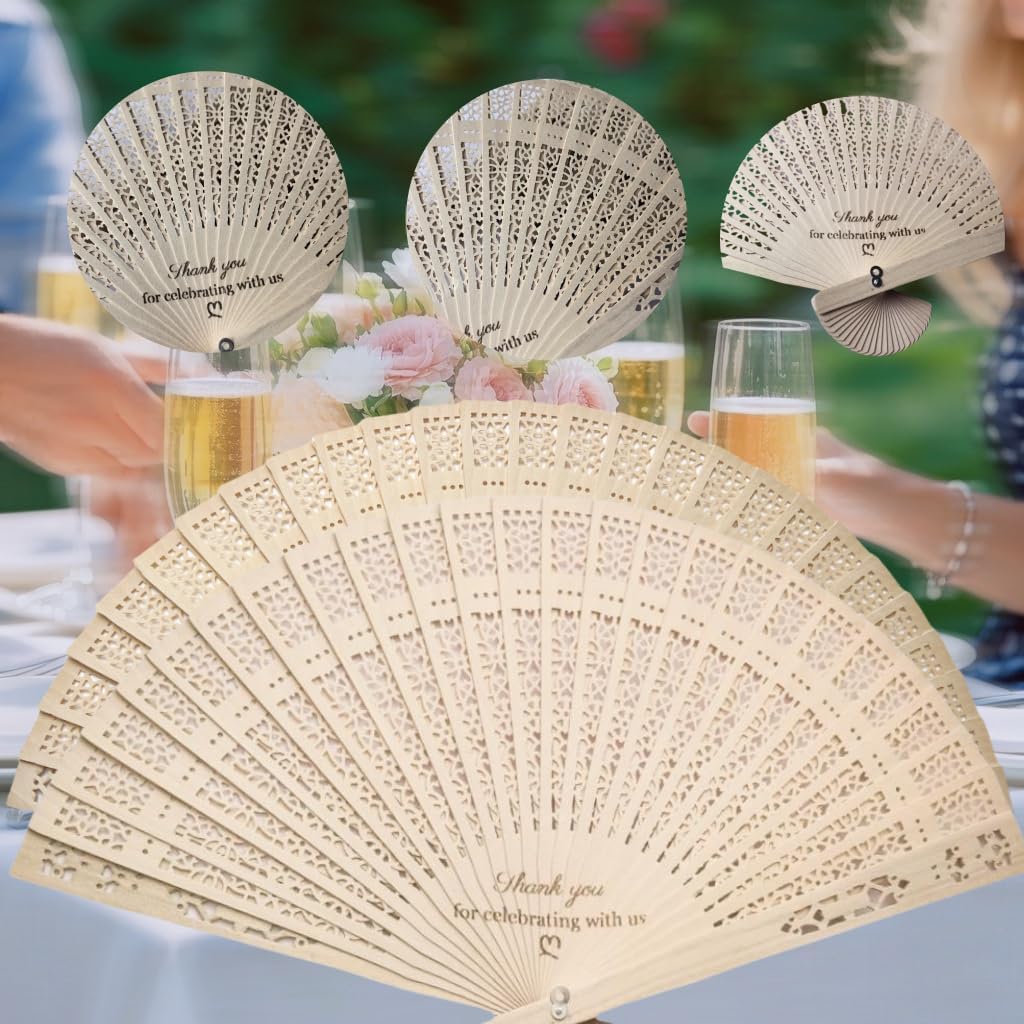24 Sets Wood Handheld Folding Fans, Sandalwood Fan Favors with Thank You for Celebrating with us, Wedding Party Favors, Birthday Party Gifts