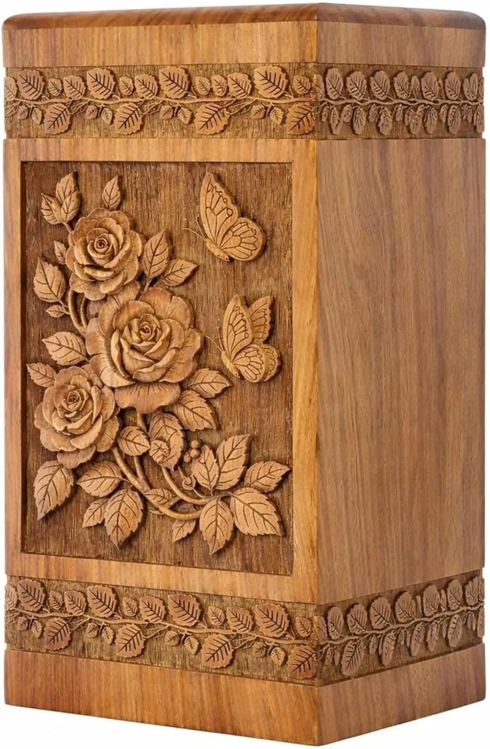 Cremation Urn with Roses and Butterflies – Elegant Floral Memorial Box for Human Ashes (9"x5.5"(180Cu/in))