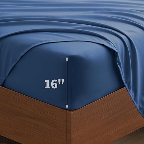 Miniatura 5 de TREELY Juego de sábanas tamaño King de 6 piezas de microfibra cepillada, tamaño King, color azul marino, sábana bajera ajustable de 16 pulgadas de