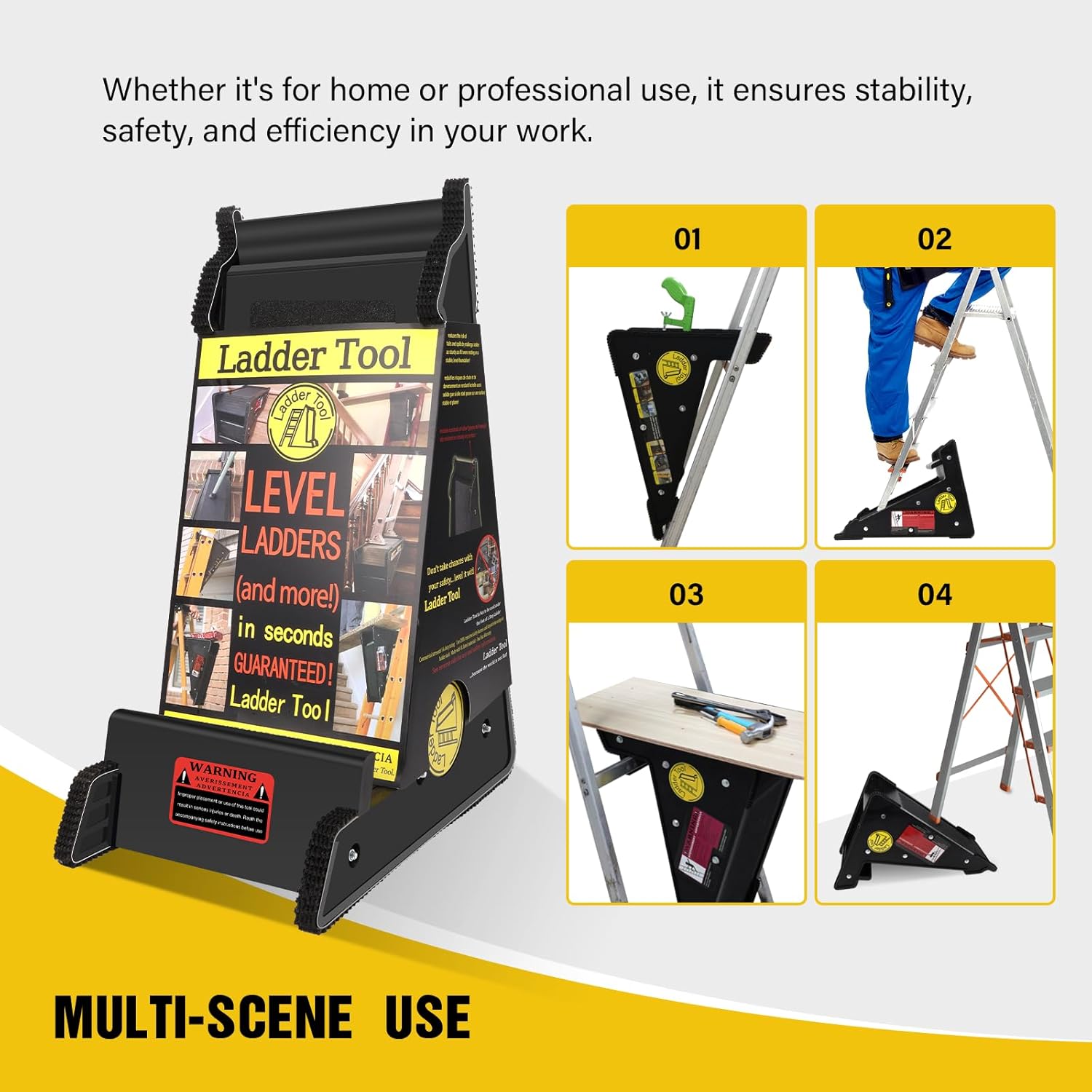 Brvclon Ladder Leveler for Uneven Ground, Slopes, Roofs, Stairs, Multifunctional Ladder Stabilizer with Storage, up to 500 Lbs, with Non-Slip Rubber Strip, Without Installation, Black