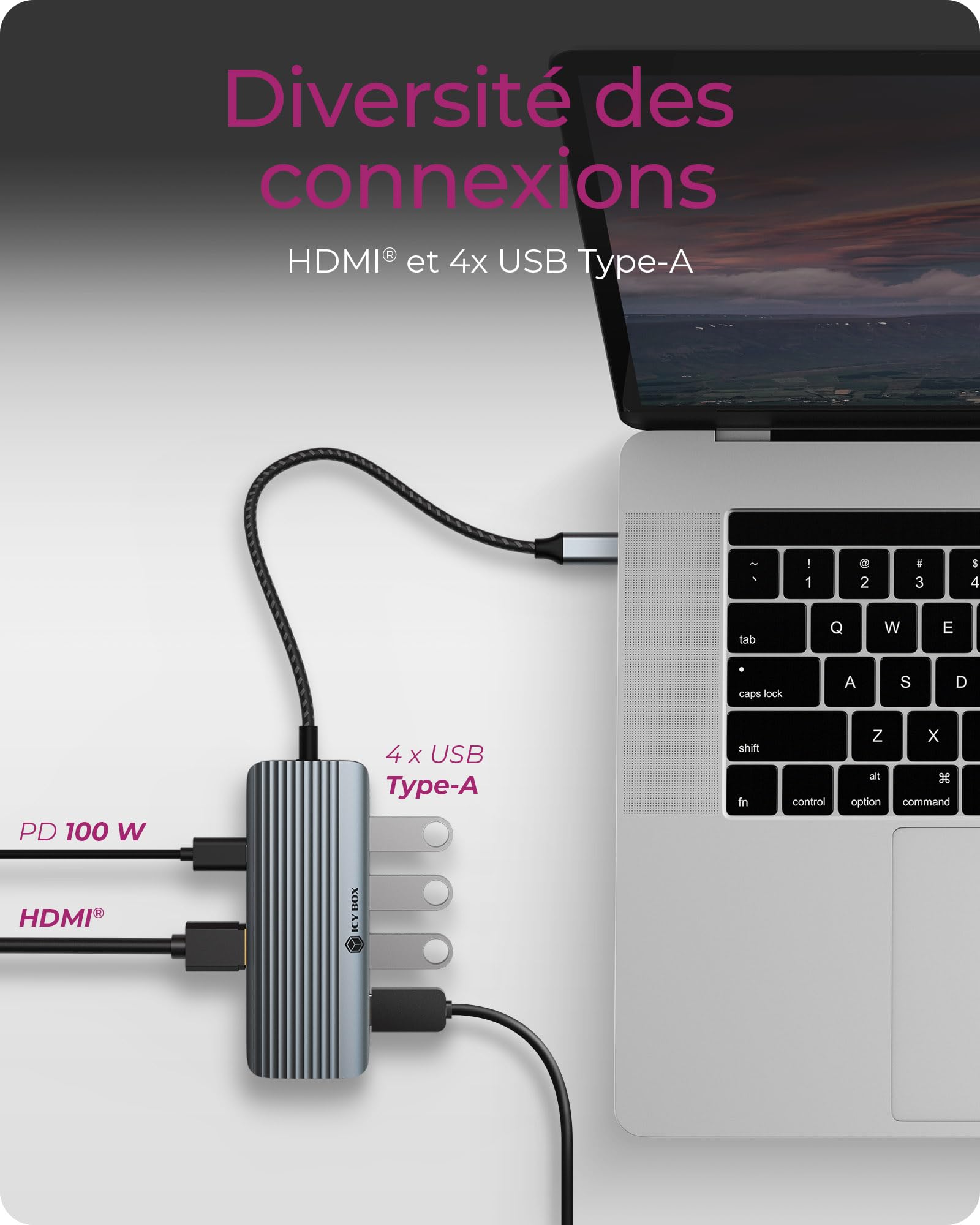 ICY BOX Docking Station USB-C (6 in 1) con HDMI (4K 60 Hz), Hub 4X USB 3.2 (Gen 1), Power Delivery 100W, Alluminio, Plug & Play, Windows e macOS, IB-DK4022a-CPD