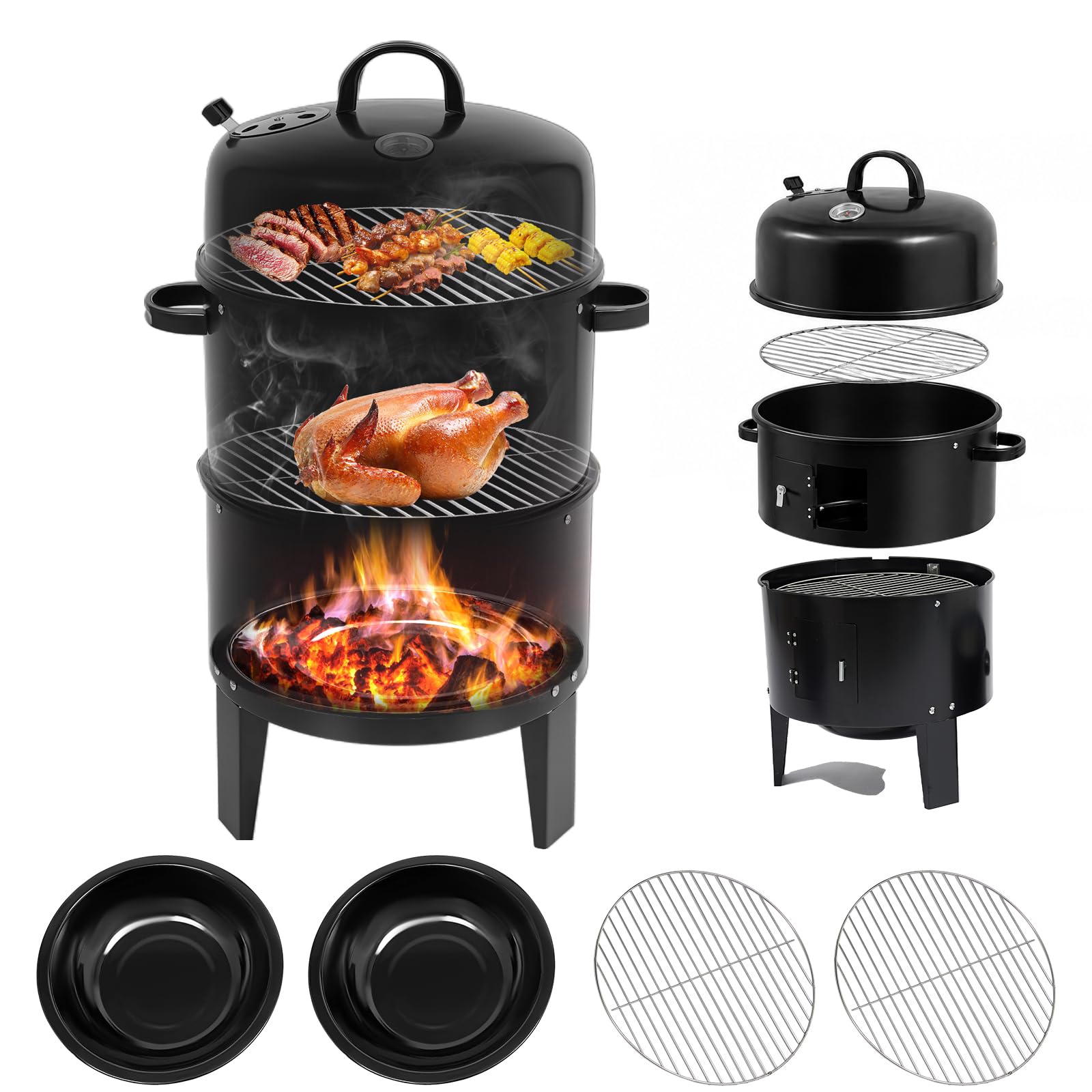 Wielofunkcyjny grill wędzarniczy 3 w 1, grill na węgiel drzewny, 2. piętro z 2 rusztami do grillowania ze stali nierdzewnej, 2 miski na wodę, emaliowany piec wędzarniczy z regulowaną klapą, izolacja