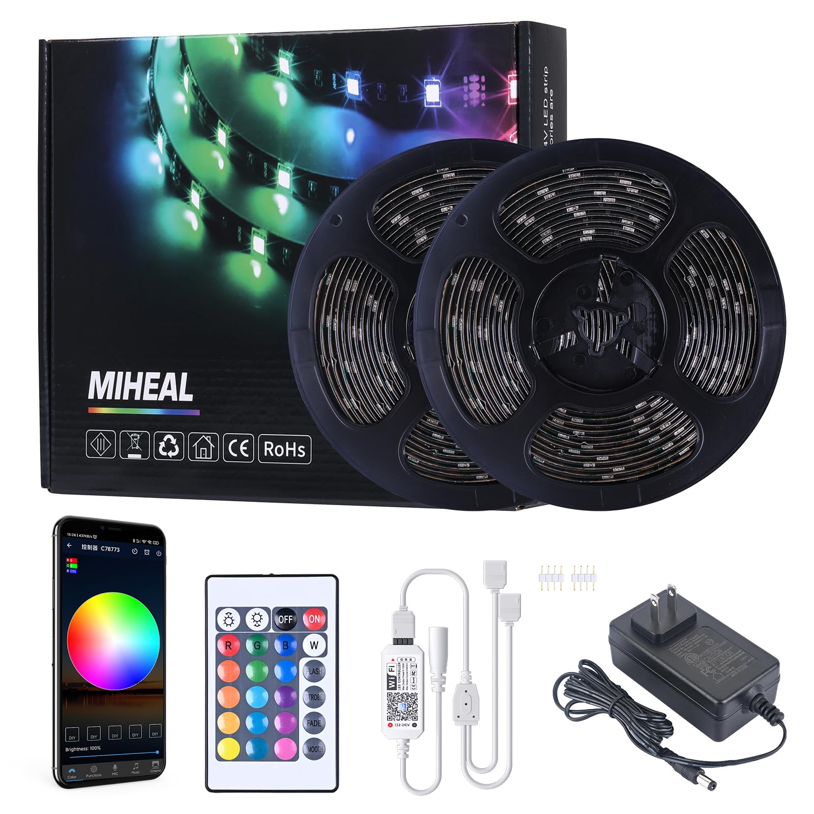 MIHEAL Bezprzewodowa taśma świetlna LED WiFi, sterowana przez smartfon, zasilanie DC 24 V, certyfikat UL SMD 5050, 10 m, 300 diod LED RGB, kompatybilna z systemem Android, iOS Alexa