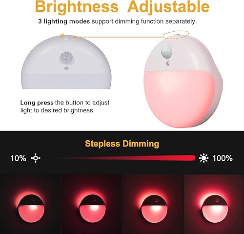 Miniatura 7 de Paquete de 2 Luces Nocturnas Rojas, Luz Nocturna a Pilas, Luces Adhesivas Pequeñas de 6.6 cm, Luz con Sensor de Movimiento Regulable, 3 Modos de