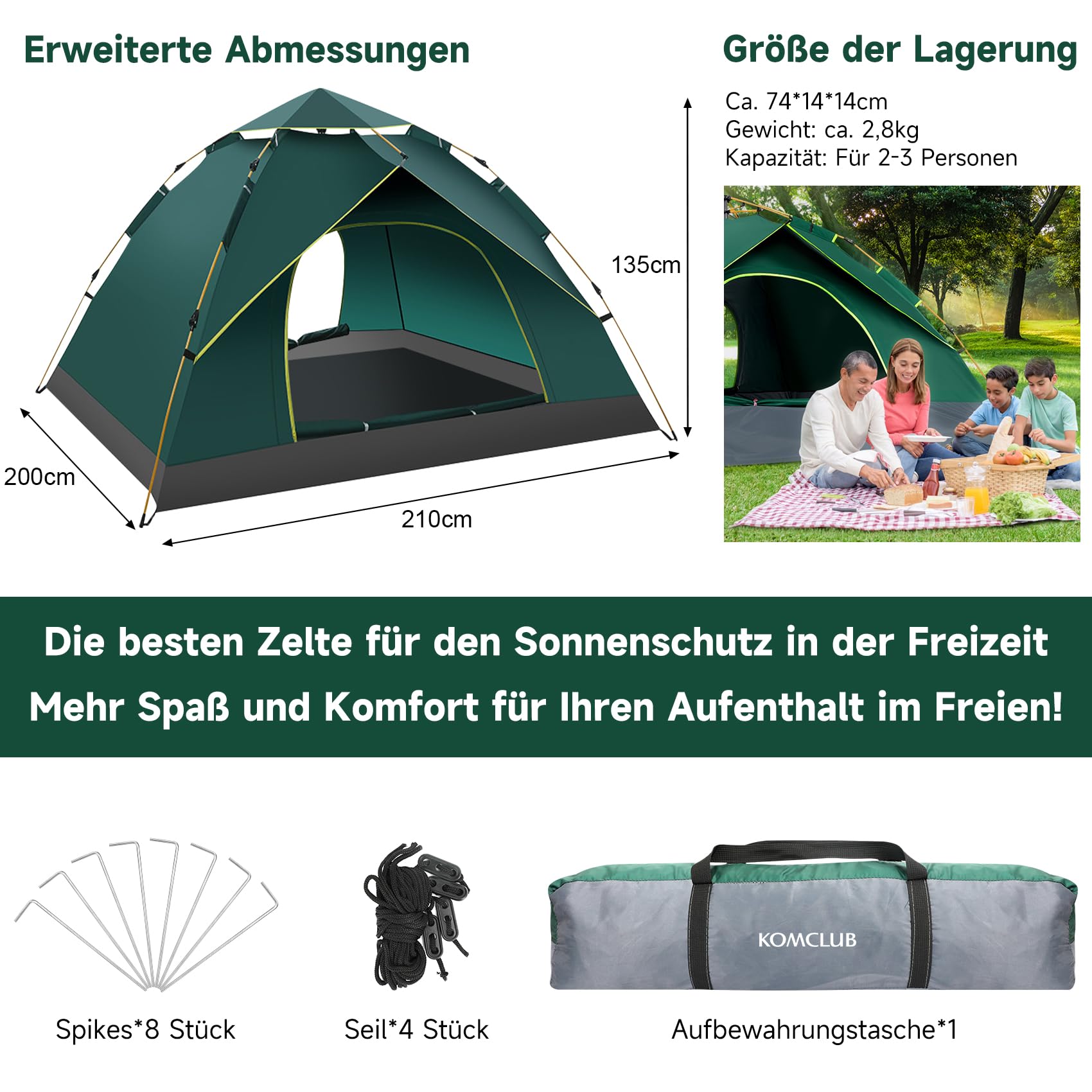 Camping Zelt Automatisches für 2-3 Personen | Sekundenschneller Pop-Up-Aufbau ohne Werkzeug mit UV-Schutz & abgedichteten Nähten
