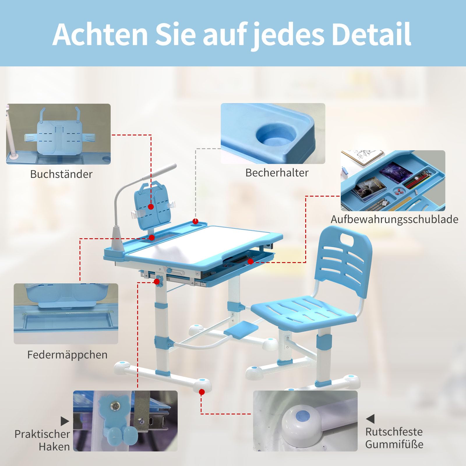 Kinderschreibtisch höhenverstellbar,Schülerschreibtisch Jugendschreibtisch mit Schublade Schreibtisch Kinder mit neigbarer Tischplatte für 3-12 Jahre Kinder (Blau-L)