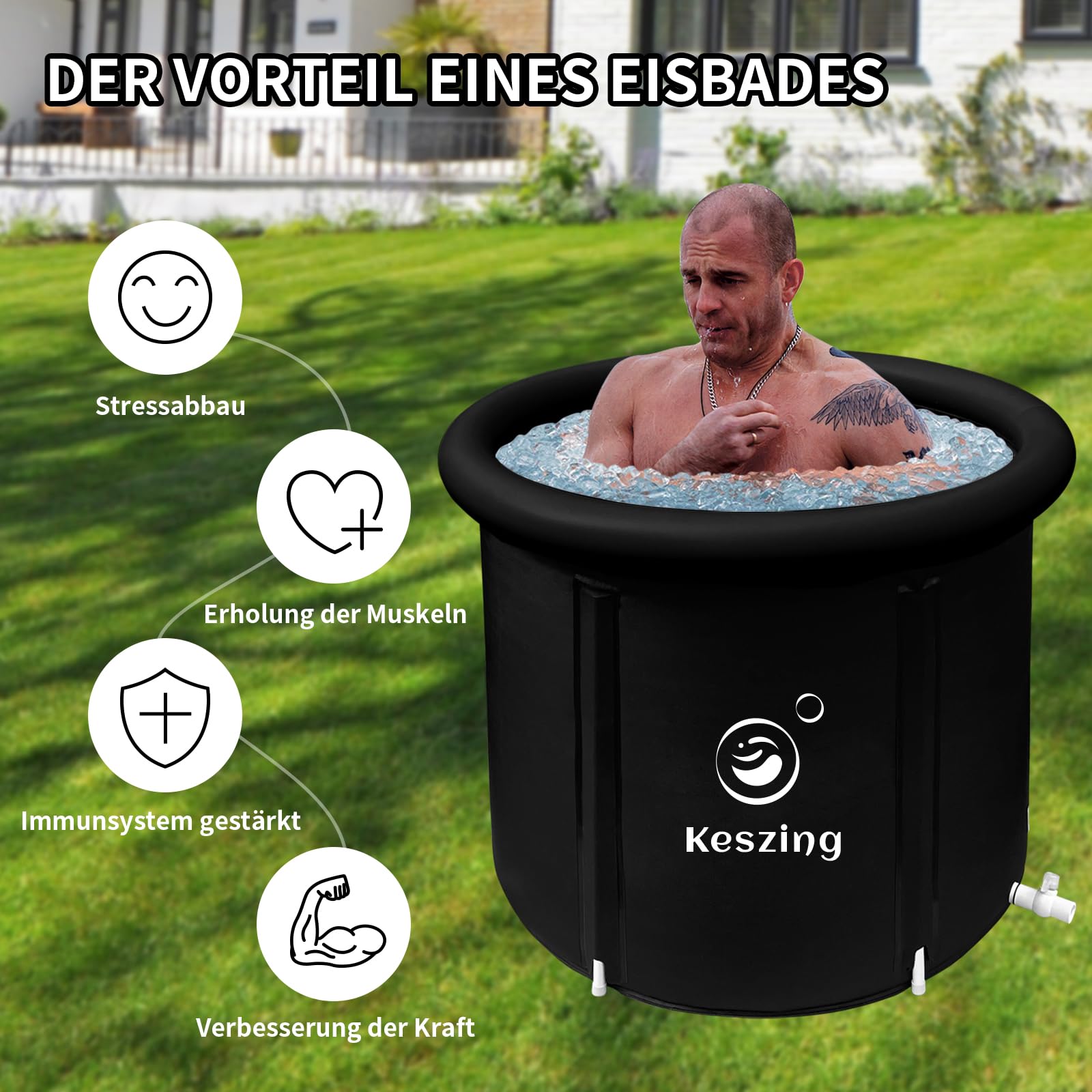 Vasca da bagno gonfiabile portatile per bagno di ghiaccio con copertura pieghevole autoportante vasca da bagno all'aperto vasca da bagno per casa (Nero, 75x75x70cm)