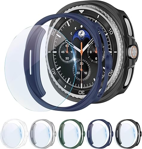 5+5 Pack Case for Galaxy Watch 8 Classic Screen Protector 46mm Cover,Hard PC Anti Scratch Protective Bumper with Tempered Glass for Samsung Galaxy Watch 8 Classic Case 46mm Women Men
