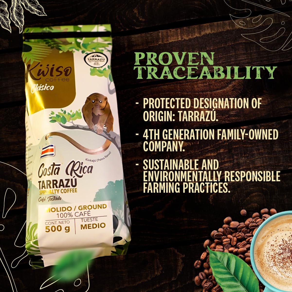 Kwiso Coffee Classic Tarrazu Costa Rica Single Origin 100% Arabica – Medium Roast Ground Gourmet Specialty Coffee, 17.6 oz