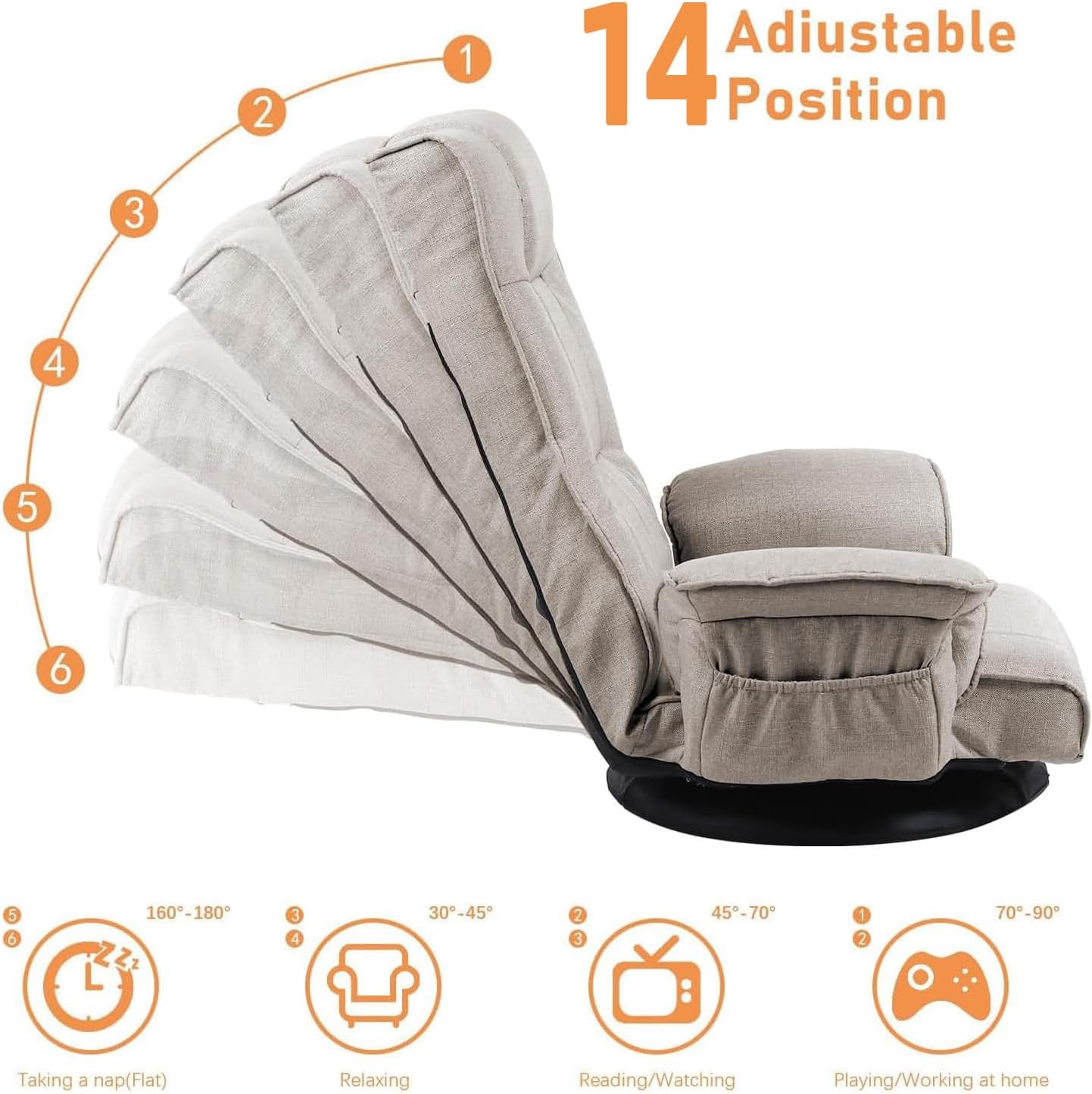 FLOGUOR 360 Swivel Gaming Chair 14-Position Adjustable Folding Floor Sofa with Armrests Lounger Bed for Home & Living Room Chaise Lounge Indoor for Adults QL201BE