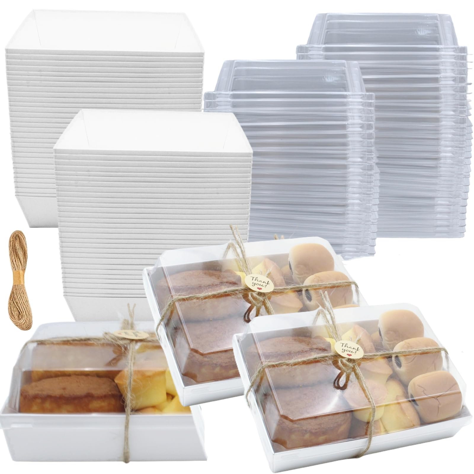 Confezione da 40 scatole di carta per salumi con coperchio trasparente, 17,8 x 12,7 cm, contenitori usa e getta da asporto, scatole bianche da asporto, per fette di torta di sushi, cupcake