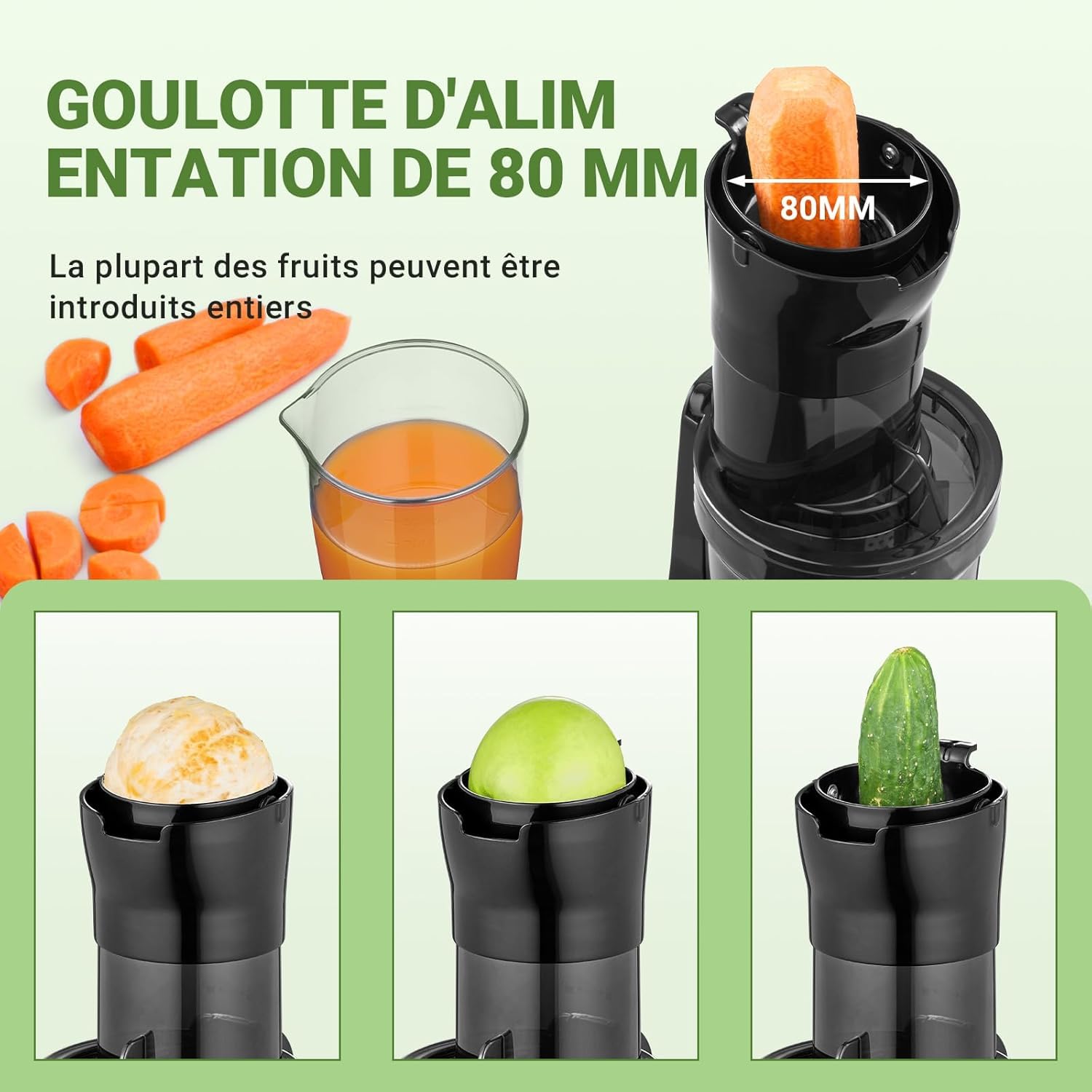 AMZCHEF Extracteur De Jus Pour Fruits Entiers 80MM - Centrifugeuse Sans BPA 200W Avec Tarière Améliorée, Filtre Double Couche, Moteur Silencieux - Noir Bleu