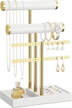 bussdis 3 Tier Bracelet Holder Display - White Leather Bracelet Holder, Detachable T Bar Jewelry Holder Organizer for Bracelet, Necklace, Earrings, Rings, Watches, Bangle
