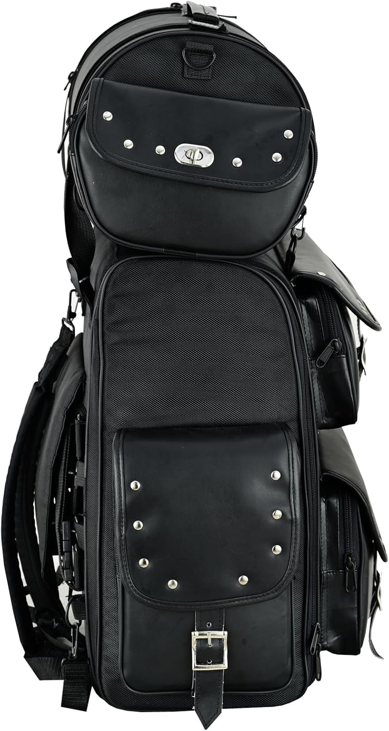 Vance Leathers Large Studded 2 Piece Sissy Bar Bag - Motorcycle Luggage with Multiple Storage Pockets & Removeable Rain Cover