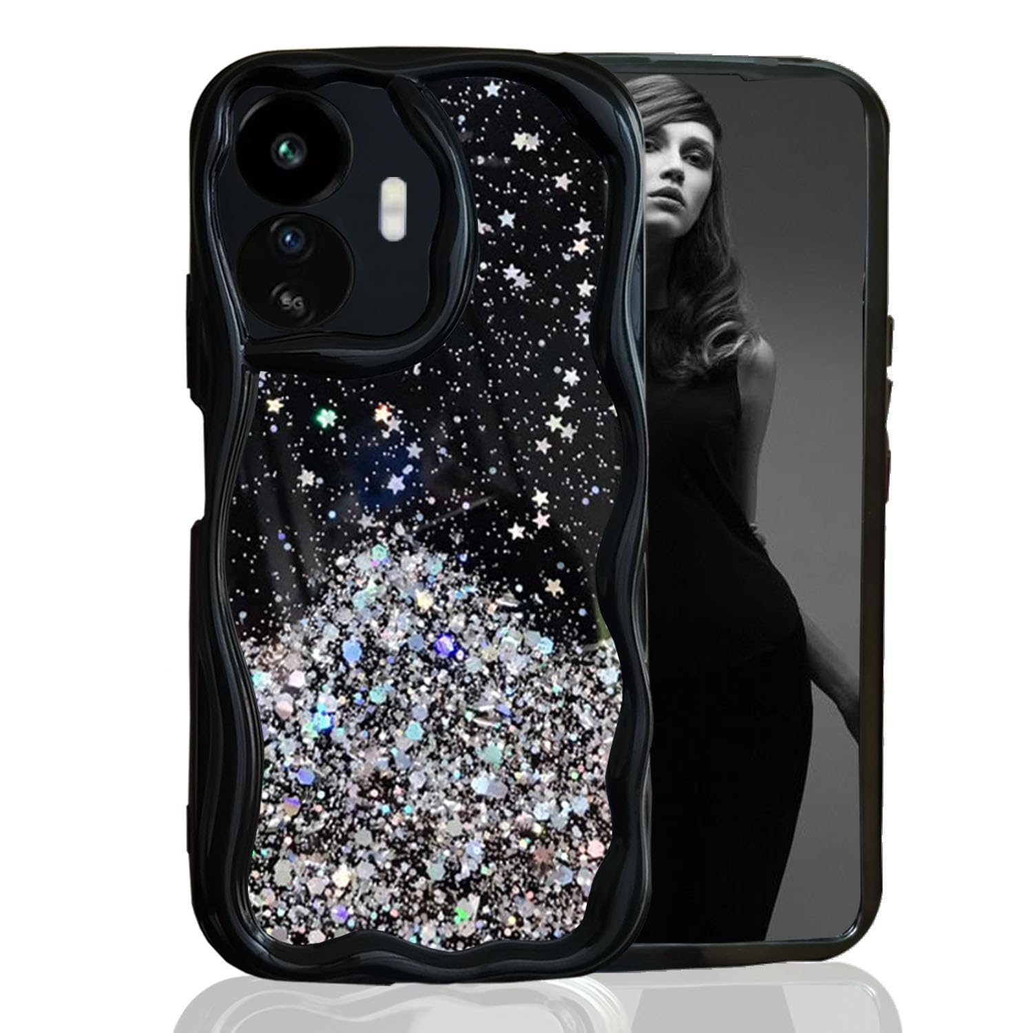 KC Back Cover for iQOO Z6 Lite 5G & Vivo Y77 5G - 3D New Curly Wave Dry Fixed Non Moving Starry Glitter Shockproof Bumper Soft Silicone Case with Camera Protection (Black) (B0D3B4QN9S) Amazon Price History, Amazon Price Tracker