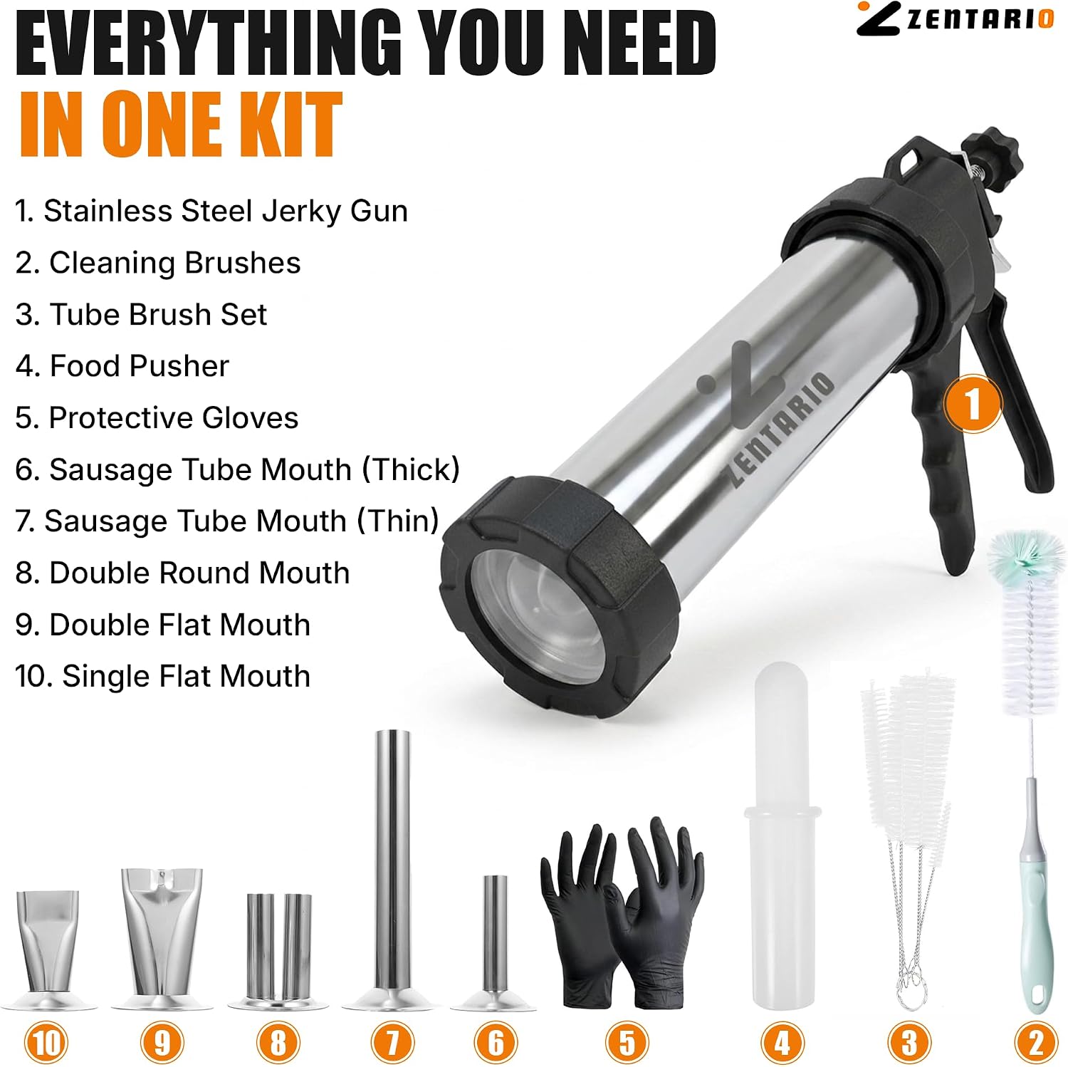 Jerky Gun Kit for Ground Meat - Stainless Steel Beef Jerky Maker, Jerky Cannon, Meat Gun with 5 Nozzles, 5 Brushes & Meat Pusher | Snack Stick & Beef Stick Making Kit