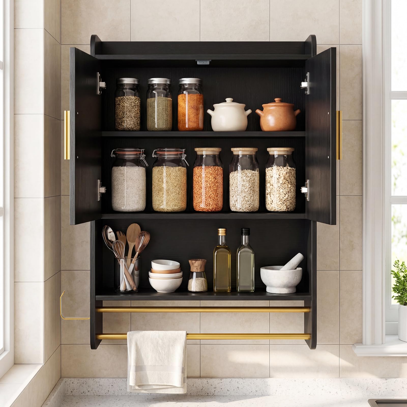 COSTWAY Armario de Pared para Baño, Armario de Almacenamiento con Puertas, Estante Ajustable, Compatimento Abierto, Barra para Colgar, Mueble Colagnte para Cocina, Salón, 55 x 20 x 80 cm (Negro)