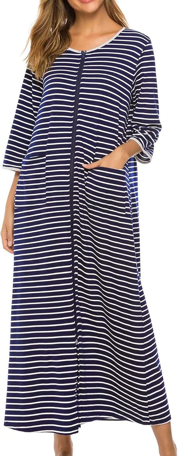 Bloggerlove Zipper Front Robes for Women House Coat Half Sleeve Loungewear Long Nightgown with Pockets S-3XL