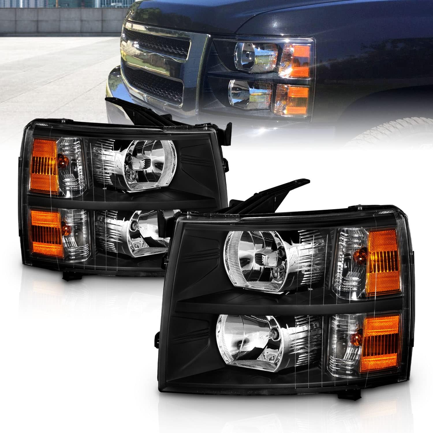 AmeriLite for 2007-2013 Chevy Silverado 1500/07-14 Silverado 2500HD 3500HD Pickup OE Style Black Replacement Headlights w/Bulb and Harness Amber Reflector Set - Passenger & Driver