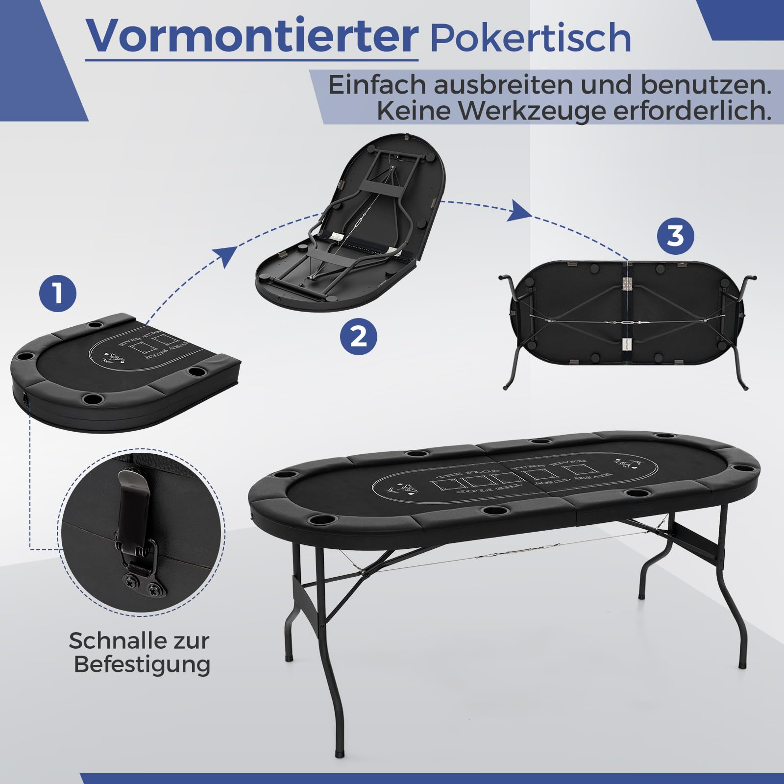 DREAMADE Faltbarer Pokertisch für 8 Spieler, Poker Table mit Getränkehalter, Metall-Rahmen 182 x 82 x 75 cm Schwarz