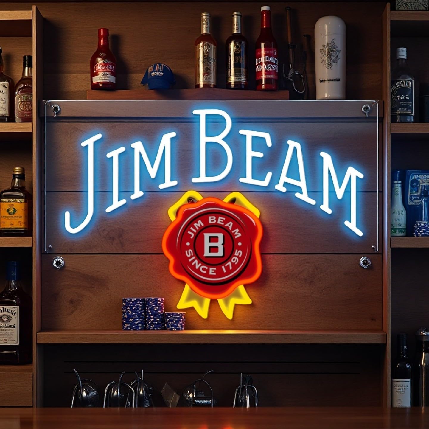 Queen Sense 16"x12" Jim Beams Whiskey LED Neon Sign for Wall Decor USB Powered Dimmable LED Lights Signs A116JBWL-5VLED