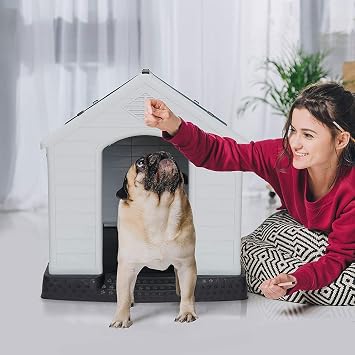 Large Plastic Dog House, Dog Kennel Outdoor Waterproof Doghouse Casas para Perros, Puppy Shelter Elevated Floor and Air Vents Igloo Dog House, for Small Medium Large Dogs Outdoor Indoor, Blue