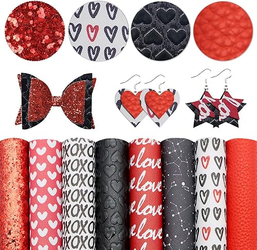 8 hojas de cuero sintético con purpurina roja mixta, hojas de cuero sintético con corazón negro, hojas de tela de palabras de amor rosas, hojas de