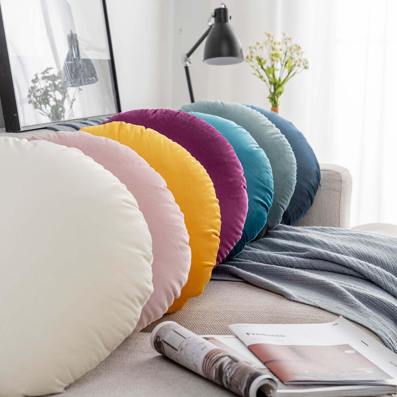 LZZTU White Round Throw 18x18 Round Pillow with Insert Filling Super Soft Elastic Circle Floor Cushion Fluffy Pillow 45cm Decorative Cushion for Couch Bedroom