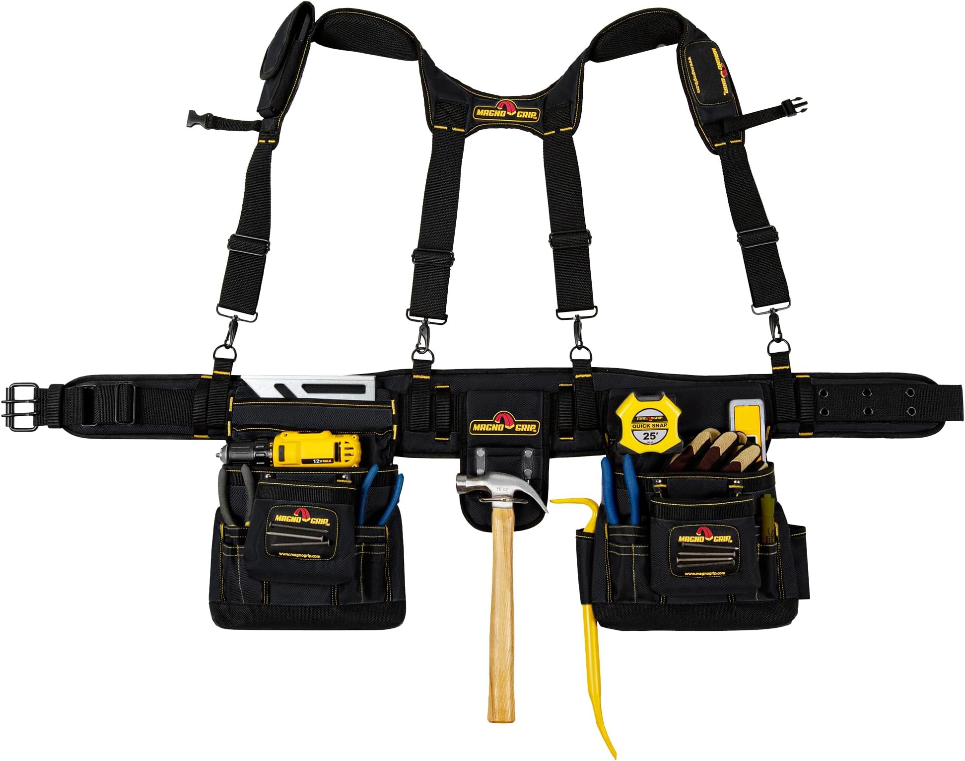 MagnoGrip 20-Pocket Builder’s Tool Rig with Magnetic Storage—Heavy-Duty 1680D Polyester Tool Belt with Padded Suspenders, Rivet Reinforced Stress Points, and Smartphone Holder, Fits Up to 52” Waist.
